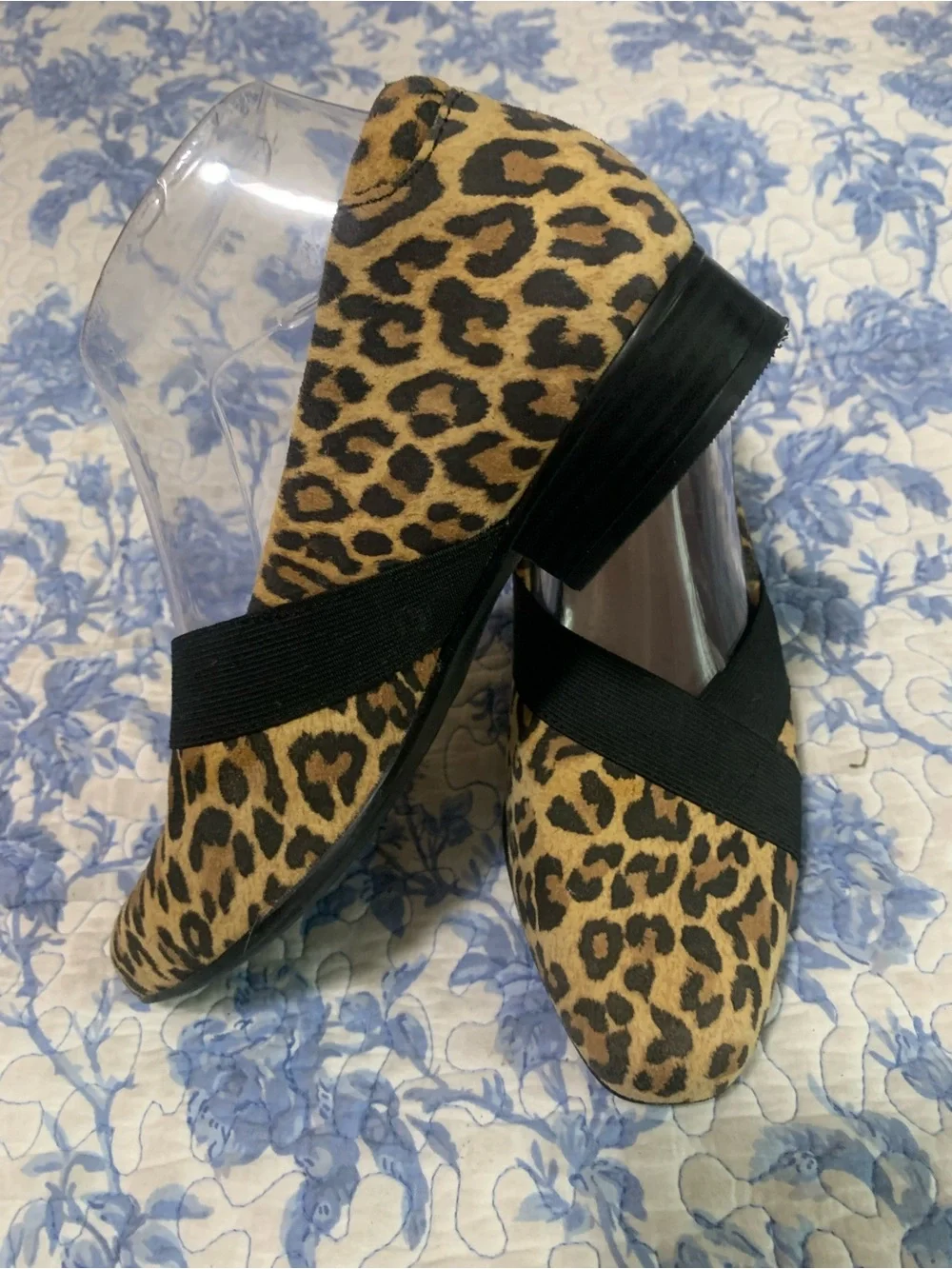 Clarks Leopard Print Slip-On Loafers with Black Elastic Cross Strap